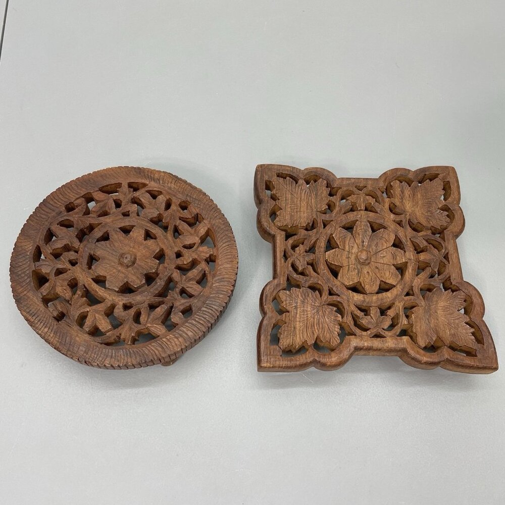 Vintage 2 Hand Carved Sheesham Wooden Wood Plant Stand Trivet Floral MCM India